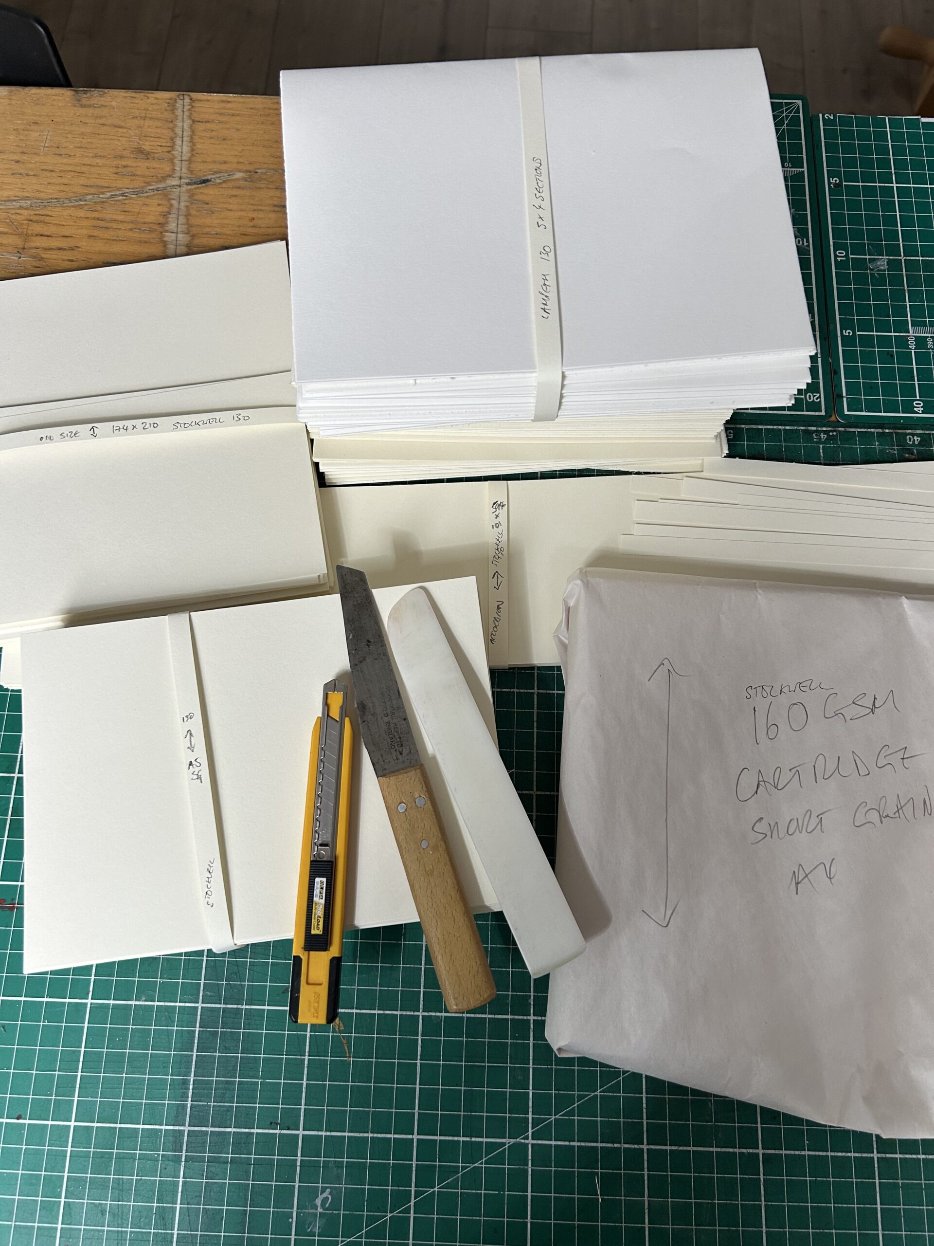 Piles of paper of different sizes in cut stacks
